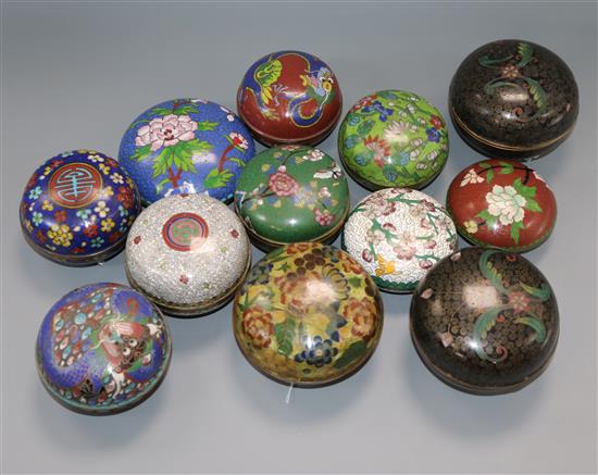 A collection of twelve circular cloisonne boxes and covers, H 6cm Dia 10cm (largest)